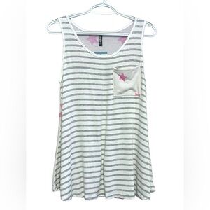 NWT 1 Clique Gray Stripes & Pink Stars Pocket White Tank size small
